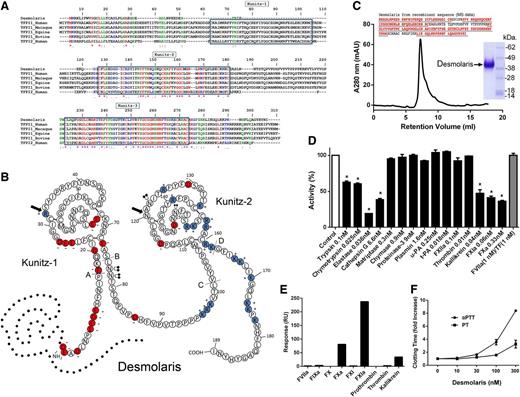 Figure 1. Desmolaris is a major anticoagulant from vampire bat saliva. (A) Clustal alignment. Desmolaris (gi527498655) and TFPI-1 from Homo sapiens (gi5454114), Macaca mullatta (gi297264502), Equis cabalus (gi338715615), Bos taurus (gi346644729), and TFPI-2 from Homo sapiens (gi5730091) were aligned. (B) Predicted secondary structure of Desmolaris based on human TFPI.12 Amino acids are identified by a single letter code. Basic (positively charged) residues are colored in blue and acidic (negatively charged) residues in red. Arrows indicate P1 sites. N glycosylation sites were found for Asn77, Asn 78, Asn 122, and Asn 149. Putative phosphorylation sites were identified at Ser 42, Thr 133, Thr 141, Thr 151, Ser 152, and Ser 155. The Kunitz domains are labeled. Dotted lines correspond to Kunitz-1 of TFPI. The putative sites of introns in the Desmolaris gene (based in human TFPI)12 are labeled with lines and the capital letters A, B, C, and D. (C) Recombinant expression. Desmolaris was expressed in HEK293 cells and purified with an Ni2+ column followed by reverse-phase chromatography. (Inset) Samples were loaded in a NuPAGE gel under reducing conditions. Gels were stained with Coomassie Blue. Molecular mass markers are shown (right). The arrow indicates Desmolaris. The Desmolaris sequences depicted in red and underlined are the peptides identified by mass spectrometry, with more than 70% coverage. (D) Screening for enzyme inhibition by Desmolaris. Enzymes at indicated concentrations were incubated with Desmolaris (250 nM), and catalytic activity was estimated by fluorogenic substrate hydrolysis. FVIIa/TF complex activity was determined with chromogenic substrate (S2366). Results are the mean ± standard error of triplicates. (E) SPR experiments. Desmolaris was immobilized in a CM5 chip, and several coagulation enzymes and zymogens (all at 64 nM) were injected as analytes. Association phase of 60 seconds was followed by a 60-second dissociation. Resonance values are based on binding at stability. A typical result is shown. (F) PT and aPTT. Desmolaris was added to plasma at the indicated concentrations, followed by addition of a PT or aPTT reagent as described in the “Methods” section. Clotting was estimated using a coagulometer. Control human plasma: PT, 14.6 ± 0.20 seconds; aPTT, 35.9 ± 0.15 seconds (each data point is the average of duplicate or triplicate determinations).