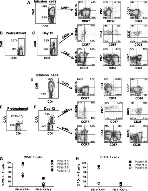 Figure 7. Phenotype of anti-CD19-CAR–expressing T cells. (A) Infusion cells of patient 5 are shown after staining with a CAR-specific antibody. The first plot is gated on CD3+CD8+ cells. The phenotype of the CD3+CD8+CAR+ cells is shown on the subsequent plots of CD45RA vs CCR7, programmed cell death protein 1 (PD-1) vs CD57, and CD27 vs CD28. (B) CAR expression was assessed on pretreatment lymphocytes of patient 5 by flow cytometry. The plot shows minimal background staining when the cells were stained with a CAR-specific monoclonal antibody. The plot is gated on CD3+CD8+ lymphocytes. (C) The first plot is gated on CD3+CD8+ lymphocytes that were obtained from patient 5 12 days after CAR T-cell infusion. CAR+ cells made up 2.2% of the CD3+CD8+ lymphocytes. The subsequent CD45RA vs CCR7, PD-1 vs CD57, and CD27 vs CD28 plots are gated on CD3+CD8+ lymphocytes that are either CAR+ or CAR–. (D) Infusion cells of patient 5 are shown. The first plot is gated on CD3+CD4+ cells. Subsequent plots show the phenotype of CD3+CD4+CAR+ cells. (E) The plot shows minimal background staining when pretreatment lymphocytes from patient 5 were stained with a CAR-specific antibody. The plot is gated on CD3+CD4+ lymphocytes. (F) The first plot is gated on CD3+CD4+ lymphocytes that were obtained from patient 5 12 days after CAR T-cell infusion. CAR+ cells made up 7.4% of the CD3+CD4+ lymphocytes. Subsequent plots show the phenotype of CD3+CD4+ cells that were either CAR+ or CAR–. Increased expression of the T-cell inhibitory protein PD-1 was present on CD4+CAR+ T cells (G) and CD8+CAR+ T cells (H) relative to CAR– T cells from the same patient at the time of the peak in the level of CAR+ blood T cells in each patient. The percentage of PD-1+ T cells is shown for the CAR+ and CAR– T cells of the indicated patients. Note that an insufficient number of CAR+CD8+ T cells were present in the blood of patient 10 to allow accurate determination of PD-1–expressing CD8+ cells in this patient. PD-1 expression was determined as shown in panels C and F. For CD4+ T cells, the difference in PD-1 expression between CAR+ cells and CAR– cells was statistically significant (P = .03, Mann-Whitney U test). PD-1 levels are only shown for 4 patients because some patients had very low or undetectable levels of CAR+ T cells in their blood and because we lacked sufficient PBMCs from relevant time points to conduct the experiment in some other patients.