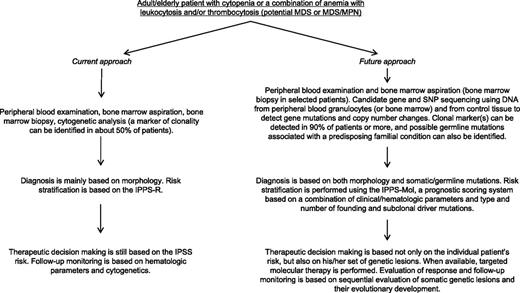 Figure 4. Current approach to diagnosis and prognostication of MDS and MDS/MPN and a hypothetical future approach based on massive parallel sequencing.