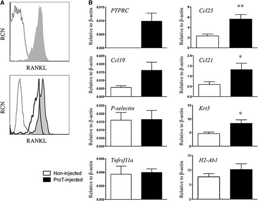 Figure 6. Gene expression analyses from thymuses obtained from in vitro–derived proT-injected mice. (A) Flow cytometric analysis of RANK ligand (RANKL) expression on purified CD34+CD38− cells (not shaded) and day 11 in vitro–derived CD34+CD7+-gated proT-cells (shaded) (top); and in vitro–derived proT1- (not shaded, thick line) and proT2-cells (shaded) (bottom). Unstained cells are included as a control (not shaded, thin dashed line). (B) Quantitative real time reverse transcriptase polymerase chain reaction analysis for the expression of human PTPRC (CD45), and mouse Ccl25, Ccl19, Ccl21, Selp (P-selectin), Krt5 (Cytokeratin-5), Tnfrsf11a (RANK), and H2-Ab1 (MHC class II) from mouse thymus extracts of NSG mice injected with proT-cells or control noninjected mice after 3 weeks. Transcript levels for all genes were normalized to mouse β-actin. These results are the average of 3 independent experiments, with the exception of Selp (n = 2), with error bars corresponding to standard error of the mean. Asterisks represent statistical significance as determined by Student t tests. The results shown are representative of 3 independent experiments. *P < .05; **P < .005.