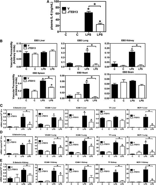Figure 3. Pharmacologic inhibition of S1PR2 by JTE013 results in decreased inflammation during endotoxemia. (A) Reduced plasma IL-6 levels in LPS- and JTE013-treated mice (30 mg/kg) (LPS, open bars) compared with LPS- and vehicle-treated mice (LPS, solid bars). Data are mean ± SEM (n = 18). (B) LPS-induced vascular permeability is abrogated in JTE013-treated mice. Six hours after injection of vehicle (–) or LPS (+), vascular permeability was measured in liver, lungs, kidneys, spleen, heart, and brain by EBD extravasation assay. Values are mean ± SEM (n = 4). *P < .05 compared with the respective untreated controls and, where indicated, between vehicle-treated (V) and JTE013-treated (JTE013) mice. (C-E) Tissue mRNA expression levels of proinflammatory and procoagulant molecules in vehicle-treated (V) control and JTE013-treated (JTE013) mice 18 hours after vehicle (C) or LPS challenge. (C) Liver, (D) lung, (E) kidney. The results of quantitative real-time PCR analyses (mRNA copy number per 106 copies of 18s rRNA) of E-selectin, VCAM-1, ICAM-1, TF, and MCP-1 are shown. Data are mean ± SEM (n = 4 to 5) of one representative experiment of three with similar results. *P < .05 compared with the respective untreated controls (C vs LPS) and, where indicated, between V and JTE013.