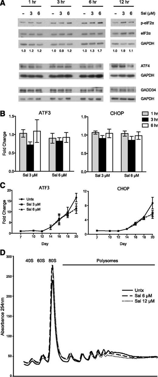 Figure 2. The effects of salubrinal on the ISR pathway and protein translation in human primary erythroid progenitors. (A) Western blot analysis reveals p-eIF2α is increased with salubrinal (Sal) treatment on day 15 of the culture. In contrast, ATF4 and GADD34 protein are not increased with Sal treatment relative to an untreated control (-). Numbers below each lane denote the ratio of p-eIF2α/eIF2α quantified by ImageJ software. Total eIF2α and GAPDH are used as loading controls. (B) The mRNA expression of ATF3 and CHOP are not increased at 1 to 6 hours after Sal treatment on day 15. Expression is reported as fold change relative to untreated negative control. Error bars represent ± standard error of the mean of 3 independent experiments (2 unique donors). (C) ATF3 and CHOP mRNA levels are not enhanced with Sal treatment over the course of differentiation. Expression is reported as fold change relative to the untreated control (Untx) on day 7. Sal (3 μM and 6 μM) were treated on days 15 and 18. Error bars represent ± standard error of the mean of 3 independent experiments (2 different donors). (D) Representative polysome profile on day 18 after 6 hours of Sal treatment reveals a polysome to monosome shift, indicative of halted translation initiation and reduced translation.