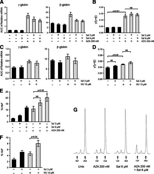 Figure 6. Combination of salubrinal with AZA or HU significantly enhances HbF production post-transcriptionally in differentiating primary erythroid cells. (A) Erythroid progenitors were treated with 3 μM salubrinal (Sal), 6 μM Sal, 200 nM AZA, or in combination with Sal and AZA at these doses. The mRNA expression of γ- and β-globin was evaluated from days 7 through 20 of the culture and the AUC was calculated for each transcript. AZA treatment increases globin expression, whereas AZA in combination with Sal treatment reduces this enhancement. Globin gene expression still remains elevated in the combination-treated cells relative to the untreated control. Error bars represent ± standard error of the mean of 4 independent experiments (3 unique donors). (B) For all treatments, the AUCs were compared as a γ/(γ + β) mRNA ratio. AZA (200 nM) significantly enhances the γ/(γ + β) ratio, and the combination of Sal and AZA treatments did not change this induction. Error bars express ± standard error of the mean of 4 independent experiments (3 unique donors). P values were calculated using an unpaired two-tailed t test. (C) Erythroid progenitors were treated with 10 μM HU or 3 μM Sal alone or in combination. The mRNA expression of γ- and β-globin was evaluated from day 7 through day 20 of the culture and the AUC was calculated for each transcript. Error bars represent ± standard error of the mean of 3 independent experiments (2 different donors). (D) The AUCs were compared as a γ/(γ + β) mRNA ratio. HU treatment increases the γ/(γ + β) ratio but the combination with Sal did not significantly change this enhancement. Error bars represent ± standard error of the mean of 3 independent experiments (2 different donors). P values were calculated using an unpaired two-tailed t test. (E) The percentage of HbF was determined by HPLC on day 20 for cells treated with AZA and Sal alone or in combination. The combination of AZA and Sal dose dependently increases the percentage of HbF. Although the combination of 200 nM AZA and 3 μM Sal did not result in a significant enhancement of HbF relative to AZA alone, the combination with 6 μM Sal was significant. Error bars represent ± standard error of the mean of 4 independent experiments using 3 unique donors. P values were calculated using an unpaired two-tailed t test relative to the 200 nM AZA treatment. (F) HPLC was performed on day 20 and the percentage of HbF was calculated for cells treated with 10 μM HU and 3 μM Sal alone or in combination. The combination of HU and Sal greatly enhances the percentage of HbF relative to HU treatment alone. Error bars represent ± standard error of the mean of 3 independent experiments using 2 different donors. P values were calculated using an unpaired two-tailed t test relative to the 10 μM HU treatment. (G) HPLC was used to evaluate the proportions of HbF and HbA at the end of the differentiation process. These representative HPLC traces show the combination of 200 nM AZA and 6 μM Sal additively increases HbF while also decreasing HbA.