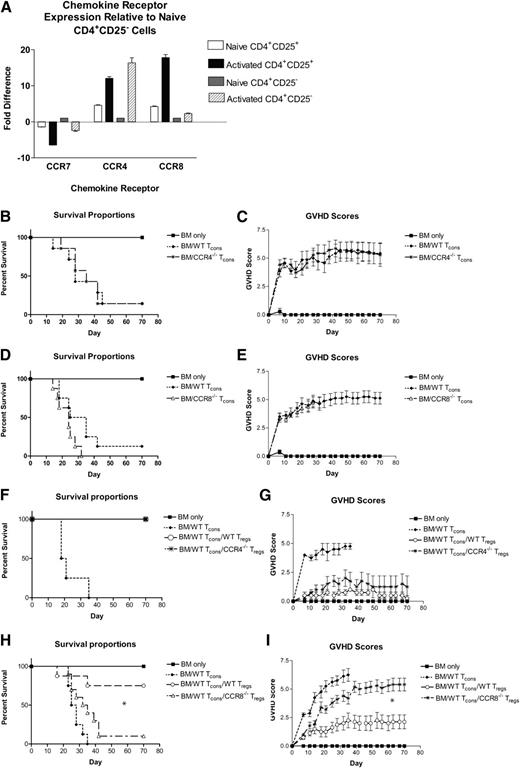 Figure 1. Critical role for CCR8 expression by Tregs in the prevention of GVHD. (A) Expression of CCR7, CCR4, and CCR8 was evaluated using qRT-PCR in naïve Tregs, activated Tregs, naïve CD4+CD25– Tcons, and activated CD4+ Tcons. Fold differences in expression relative to naïve CD4+CD25– Tcons are depicted. (B-C) B6D2 recipients were lethally irradiated to 950 rads on day –1 and then administered 3 × 106 TCD BM cells from WT B6 donors +/− 4 × 106 CD25-depleted whole (CD4+ and CD8+) splenic Tcons from either WT B6 or CCR4−/− B6 donors on day 0 by tail vein injection. Recipient animals were followed for survival (B) and scored for GVHD twice weekly (C) using a validated clinical scoring system.21 Animals were assigned a score from 0 to 2 for each of 5 GVHD parameters: weight loss, activity, fur ruffling, kyphosis, and skin lesions. Scores ranged from 0 (minimum) to 10 (maximum). Error bars depict standard error of the mean. Data are combined from 2 separate transplant experiments; n = 7 animals per group. (D-E). B6D2 recipients were lethally irradiated to 950 rads on day –1 and then administered 3 × 106 TCD BM cells from WT B6 donors +/− 4 × 106 CD25-depleted splenic Tcons from either WT B6 or CCR8−/− B6 donors on day 0. Data are combined from 2 separate transplant experiments; n = 8 animals per group. (F-G). B6D2 recipients were lethally irradiated on day –1 and then administered 3 × 106 TCD BM cells from WT B6 donors +/− 1 × 106 column-purified CD4+CD25+ Tregs from WT B6 or CCR4−/− B6 mice on day 0. Then 4 × 106 CD25-depleted Tcons from WT B6 donors were administered on day +2; n = 4 animals per group. (H-I) B6D2 recipients were lethally irradiated on day –1 and then administered 3 × 106 TCD BM cells from WT B6 donors +/− 1 × 106 column-purified CD4+CD25+ Tregs from WT B6 or CCR8−/− B6 mice on day 0. Then 4 × 106 CD25-depleted Tcons from WT B6 donors were administered on day +2. Data are combined from 2 separate transplant experiments; n = 4 BM, 8 BM/Tcon, 8 BM/Tcon/WT Treg, 10 BM/Tcon/CCR8−/− Treg. (H) *P = .013 for overall survival comparison between BM/Tcon/WT Treg and BM/Tcon/CCR8−/− Treg groups by Fisher’s exact test. (I) *P = .003 for GVHD score comparison between BM/Tcon/WT Treg and BM/Tcon/CCR8−/− Treg groups on transplant day +70 by the Mann-Whitney Test.