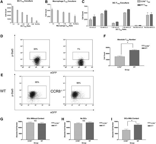 Figure 6. Absence of CCR8 leads to diminished Treg numbers in the presence of syngeneic DCs in vitro. (A) CD4+CD25+ WT B6 Tregs (5 × 105) were cultured for 72 hours on fibronectin-coated dishes in IL-2–deficient media with varying dilutions of syngeneic WT B6 BM-derived DCs. Cells were subsequently stained with an amine-reactive viability dye, and the total number of viable Tregs determined by flow cytometry. All wells were done in duplicate. (B) CD4+CD25+ WT B6 Tregs (5 × 105) were cultured for 72 hours on fibronectin-coated dishes in IL-2–deficient media with varying dilutions of syngeneic WT B6 BM-derived macrophages. Cells were subsequently stained with an amine-reactive viability dye, and the total number of viable Tregs determined by flow cytometry. All wells were done in duplicate. (C) CD4+CD25+ WT Thy1.1+ eGFP– B6 Tregs (5 × 105) were incubated for 72 hours with an equal number of CCR8−/− Thy1.2+ eGFP+ B6 Tregs with or without varying dilutions of syngeneic WT eGFP– B6 DCs in the presence or absence of supplemental IL-2 at 100 IU/mL. Absolute numbers of viable WT (Thy1.1+) and CCR8−/− (eGFP+) Tregs were subsequently measured by flow cytometry using a Foxp3+Viability Dyelow gate, and the ratio of CCR8−/− to WT Tregs then determined for each well. The ratio of CCR8−/− Tregs to WT Tregs did not vary according to the presence or absence of IL-2 for any of the 3 DC:Treg culture conditions (1:8, 1:32, no DCs). As a result, all of the CCR8−/− Treg to WT Treg ratios from a given culture condition (with and without IL-2) were pooled and compared with a reference ratio of 1.0 using a 1-sample t test; n = 4 per culture condition. P = .013 for 1:8 cultures; P = .017 for 1:32 cultures; P = 1.0 for no DC cultures. (D) Freshly isolated CD4+CD25+ WT eGFP+ B6 Tregs (1 × 106) were fixed in a 1% formaldehyde solution and then permeabilized with a commercially available buffer (Becton Dickinson). Cells were subsequently stained with a phycoerythrin-conjugated antibody against the phosphorylated form of Stat5 (left panel). As a negative control, freshly isolated WT eGFP+ B6 Tregs were stained for phospho-Stat5 but without the preceding nuclear membrane permeabilization step (right panel). (E) CD4+CD25+ WT eGFP+ B6 Tregs or CCR8−/− eGFP+ B6 Tregs (5 × 105) were incubated with 5 × 104 WT eGFP– B6 DCs. After 72 hours, the cells were fixed and permeabilized. Cells were subsequently stained for phospho-Stat5. The buffers needed for nuclear phosphorylated transcription factor staining are poorly compatible with cell surface and Foxp3 staining. As a result, Tregs were distinguished from DCs using a forward vs side scatter lymphocyte gate and by nature of their eGFP positivity. Representative flow plots of WT (left) and CCR8−/− Tregs (right) are depicted. (F) CD4+CD25+ WT eGFP+ B6 Tregs or CCR8−/− eGFP+ B6 Tregs (5 × 105) were incubated with 5 × 104 WT eGFP– B6 DCs for 72 hours. Absolute numbers of WT and CCR8−/− Tregs were then determined by flow cytometry using an eGFP+ lymphocyte gate; n = 5 WT Treg, n = 6 CCR8−/− Treg. *P = .001 by Student t test. (G-I) CD4+CD25+ WT eGFP+ B6 Tregs or CCR8−/− eGFP+ B6 Tregs (5 × 105) were seeded in the lower wells of 24-well 3-µM transwell plates and cultured for 72 hours with either 5 × 104 WT eGFP– B6 DCs placed in the upper chambers (G), with no DCs (H), or with 5 × 104 WT eGFP– B6 DCs placed also in the lower chambers (I). Absolute numbers of WT and CCR8−/− Tregs were then determined by flow cytometry using an eGFP+ lymphocyte gate; n = 4 per group. *P = .018 by Student t test.