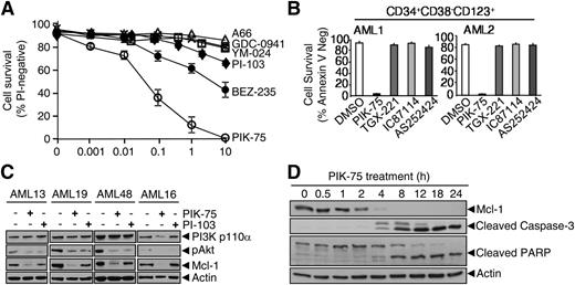 Figure 2. PIK-75 induces apoptosis in a manner that is distinct from other inhibitors targeting the PI3K pathway. (A) MV4;11 cells were cultured in the presence of the PI3K inhibitors, A66 (triangle), GDC-0941 (cross), YM-024 (open square), PI-103 (diamond), BEZ-235 (closed circle), and PIK-75 (open circle) for 24 hours and cell survival was determined by flow cytometric enumeration of PI-negative cells. (B) FACS-purified primary human CD34+CD38-CD123+ leukemic stem and progenitor cells were plated in DMSO, 100 nM PIK-75, or the p110β- (1 μM TGX-221), p110δ- (5 μM IC87114), or p110γ- (100 nM AS252424) selective PI3K inhibitors and cell survival examined at 24 hours by annexin V staining. (C) Primary human AML cells were incubated in 1 μM PI-103 or 1 μM PIK-75 for 8 hours following which cell lysates were immunoblotted. (D) MV4;11 cells were treated with 100 nM PIK-75 following which cell lysates were immunoblotted with the indicated antibodies. Results are typical of at least 2 experiments.