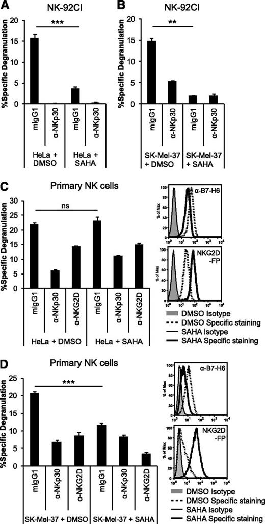 Figure 6. Downregulation of B7-H6 by HDACi leads to reduced NKp30-dependent degranulation by NK cells. Degranulation of NK-92CI cells in (A-B) or primary NK cells activated with IL-2 in (C-D), in a 4-hour coculture at an 1:1 ratio with HeLa (A,C), or SK-Mel-37 cells (B,D) pretreated with the HDACi SAHA or DMSO solvent control is depicted. NK-cell receptors were blocked with the indicated mAbs. The mean (% specific degranulation) of triplicates ± standard deviation from 1 representative experiment with NK-92CI or of 1 NK-cell donor out of 3 is shown. Representative histograms show the surface staining using anti-B7-H6 mAb 1.18, mIgG1 isotype control, NKG2D-FP, or control-FP of the targets after pretreatment. ns, not significant; **P ≤ .01; ***P ≤ .001.