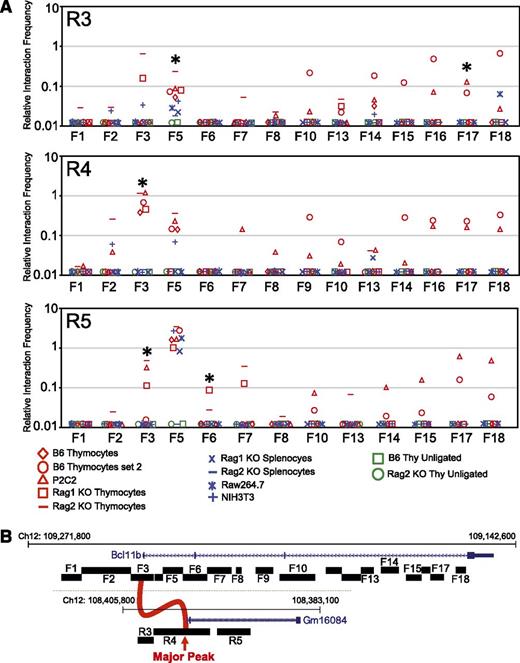 Figure 3. T-cell specific chromatin looping between Bcl11b and the downstream Major Peak. (A) Chromatin conformational capture was performed on samples from T-lineage cells (B6 thymocytes, Rag1−/− or Rag2−/− thymocytes, P2C2 cells) and non-T cells (Rag1−/− or Rag2−/− splenocytes, Raw264.7 cells and NIH3T3 cells) to measure the physical interactions between Bcl11b and Major Peak regions. Rag-knockout thymocytes were included as naturally arrested DN3 thymocyte populations, the in vivo equivalent of P2C2 pro-T cells. Panels show the PCR signals resulting from linkage between the R3, R4, and R5 primers within the Major Peak region and the indicated forward primers spanning the Bcl11b promoter and first two introns. For schematics and controls, see supplemental Figures 6 and 7; sequences presented in supplemental Table 1. P values for cell-type specificity were calculated by Mann-Whitney U test, comparing the five independent T-lineage samples with the four indicated non-T samples; *P < .02. The lineage nonspecific R5-F5 signal is caused by a background anomaly with this specific primer combination. Additional negative controls, samples of normal and Rag-knockout thymocytes processed for 3C without addition of ligase (“unligated”), are shown for reference. (B) Map of positions of primers used.