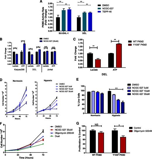 Figure 6. PKM2 regulates metabolic switch and proliferation. (A) PKM2 activity assay using SU-DHL-1 treated with 10 μM NCGC-527 for 24 hours. (B) Lactate and ATP assays using conditioned media and cell lysates (respectively) on Karpas299, DEL, and Jurkat cells following 6-hour treatment with 30 μM NCGC-527. (C) Lactate and ATP assays of DEL cells stably expressing Flag-PKM2 WT of Flag-PKM2 Y105F. (D) Cellular proliferation measured by serial counting with Trypan blue stain of DEL cells treated with indicated concentrations of NCGC-527. Cells were maintained in either normoxic or hypoxic (3% O2) conditions. (E) Viability data from D showing the percentage live cells under the indicated conditions. (F) Cell proliferation of DEL cells treated with NCGC-527, oligomycin, or both. (G) Cell proliferation of DEL cells stably expressing Flag-PKM2 and treated with DMSO or 500 nM oligomycin for 72 hours. Counts were normalized to each control (DMSO) condition. Data are mean ± SD; *P < .05, **P < .01, not significant (NS).