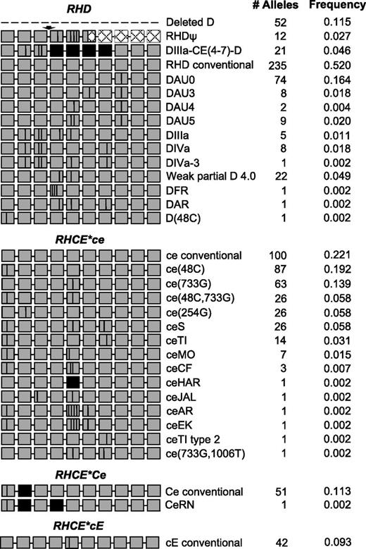 Figure 3. RHD and RHCE diversity in 226 patients with SCD. RH alleles identified in patients with SCD. Each gray box represents 1 of 10 exons in the RH genes. Black boxes represent exon exchange between RHD and RHCE. Vertical black lines indicate position in the exon encoding amino acid substitutions in the protein. Dashed lines indicate gene deletion. Arrowhead indicates 37-bp duplication. Hatched boxes represent exons encoding a frameshift and untranslated region of the inactive RHD pseudogene.