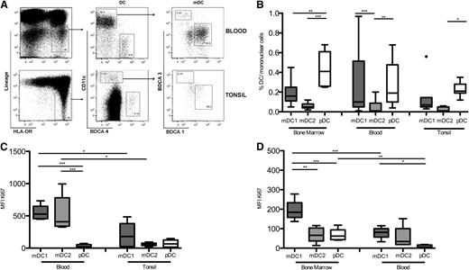 Figure 1. Frequency and proliferation of human DC subsets in bone marrow, peripheral blood, and tonsils. (A) Gating strategy for human DC subsets in peripheral blood and tonsils. (B) Frequency of mDC1 (dark gray boxes), mDC2 (light gray boxes), and pDC (white boxes) in total mononuclear cells isolated from bone marrow, blood, and tonsils. (C) Mean fluorescence intensity (MFI) of the Ki67 proliferation marker in DC subsets from peripheral blood of healthy donors and tonsils. (D) Ki67 expression of DC subsets from bone marrow and peripheral blood of patients that were undergoing hip arthroplasty. Shown are results of 6 donors in at least 2 experiments. *P < .05; **P < .005; ***P < .0005.