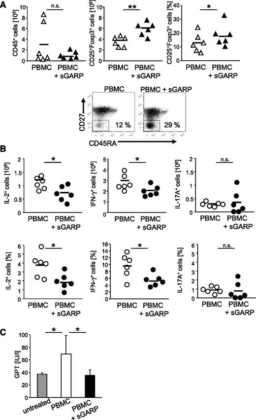 Figure 4. Administration of sGARP decreases effector cytokine production in vivo. Rag2−/−γc−/− mice (6 mice per group) were injected with 5 × 106 PBMC and were treated either 3 times with 5 µg sGARP every other day starting from day 1 or were left untreated. (A) On day 7 after treatment initiation, human T cells were reisolated from the spleens. sGARP administration decreased the infiltration with human CD45+ cells while increasing the frequency of CD4+CD25+Foxp3+ T cells (relative ratio and absolute Treg number, horizontal bars represent mean values, n = 6, **P < .01, *P < .05; upper panel). sGARP shifted CD4+ T cells from central (CD45RO+CD27+) to effector memory cells (CD45RO+CD27–). Dot blots (lower panel) show one representative result of 3 independent experiments (17.6% ± 5.9 and 28.9% ± 3.7 in the absence and presence of sGARP, respectively, n = 3). (B) sGARP reduces the number of IL-2 and IFN-γ–producing CD4+ T cells without affecting IL-17 production. Intracellular cytokine staining of reisolated human T cells on day 7 after treatment initiation was performed. Numbers of cytokine-producing cells (relative ratio and absolute numbers) in 6 individual mice (mean ± SEM, *P < .05) are shown. (C) GPT serum levels of mice from different treatment groups analyzed 20 days after PBMC transfer (8 mice per group, mean ± SEM, *P < .05).