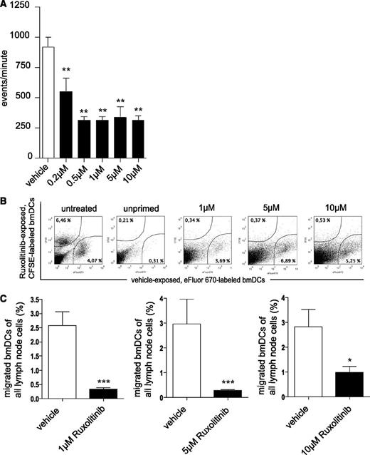 Figure 3. Ruxolitinib impairs migratory behavior of DCs. (A) Ruxolitinib-treated and LPS-stimulated human moDCs (▪) were assessed for their migratory behavior toward CCL19/MIP-3β in Transwell assays. □, Results of vehicle-exposed, LPS-stimulated DCs. Results are from 1 experiment representative of at least 3. The significance was calculated according to 1-way ANOVA Dunnett’s multiple comparison test and is related to the vehicle control. *P < .1; **P < .01; ***P < .001. (B) Overnight ruxolitinib-exposed, CFSE-labeled ex vivo–generated immature bmDCs (▪) were subcutaneously injected into the hock of TBI-FIA (M tuberculosis in FIA)–injected recipient mice together with vehicle-challenged, eFluor670-labeled immature bmDCs (□) and then quantified in the local draining lymph node by FACS. Both bmDC groups were further injected into solvent-injected recipients (“unprimed”) as control for spontaneous migration. Untreated (no ruxolitinib, no vehicle exposure), but CFSE- or eFluor670-labeled bmDCs were used as additional controls to exclude changes in migratory behavior due to the dying process (“untreated”). Numbers indicate percentage of migrated bmDCs of all lymph node cells. (C) Histograms represent results of pooled independent experiments with a total of n = 14 (10 µM), n = 8 (5 µM), n = 7 (1 µM) mice. The significance was calculated according to the Mann-Whitney test and is related to the vehicle control. *P < .1; **P < .01; ***P < .001.