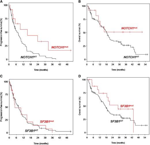Figure 2. Estimated survival times according to NOTCH1mut and SF3B1mut. PFS was defined as the time from first drug administration to disease progression or death, and was censored at the initiation of subsequent treatment without progression. OS was defined as the time from first drug administration to death, and was censored at the time of allo-SCT. (A) Progression-free survival (PFS) of patients with NOTCH1mut (n = 12; median PFS: 15.47 months) was significantly longer as compared with patients with NOTCH1WT (n = 82: median: 6.74 months) (P = .025). (B) OS of patients with NOTCH1mut (n = 12; median OS: not reached) was not significantly different as compared with patients with NOTCH1WT (n = 82; median OS: 18.3 months) (P = .181). (C) PFS of patients with SF3B1mut (n = 17; median PFS: 4.76 months) was not significantly different as compared with patients with SF3B1WT (n = 77; median PFS: 7.72 months) (P = .974). (D) OS of patients with SF3B1mut (n = 17; median OS: 29.0 months) was not significantly different as compared with patients with SF3B1WT (n = 77; median OS: 17.1 months) (P = .243). WT, wild-type.