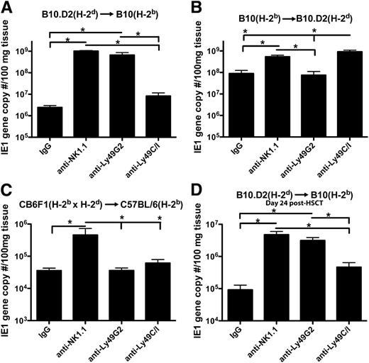 Figure 1. Increased MCMV viral loads upon depletion of licensed Ly49 subsets based on donor MHC-I in allo-HSCT. Livers of mice that underwent allogeneic HSCT 10 days prior to infection and depleted of various NK subsets were compared in terms of viral load 7 days postinfection in (A) B10 (H-2b) and (B) B10.D2 (H-2d) host mice using real-time–polymerase chain reaction for MCMV IE1 gene sequences. (C) CB6F1 mice that are a cross between C57BL/6 (H-2b) and Balb/c (H-2d) mice were used as donors in an HSCT for C57BL/6 (H-2b) host mice, and livers were harvested 7 days postinfection for viral load determination. (D) Allo-HSCT was performed on B10 host mice, mice were infected 17 days post-HSCT, and livers were harvested 7 days postinfection for viral load determination. Mice were given 300 μg of rat/mouse IgG, anti-NK1.1, anti-Ly49G2, or anti-Ly49C/I 2 days prior to infection. Data are representative of 2 to 3 experiments with 4 mice per group. Error bars represent the standard error of the mean. Statistical analysis was performed using 1-way ANOVA and Tukey posttest. *P < .05.