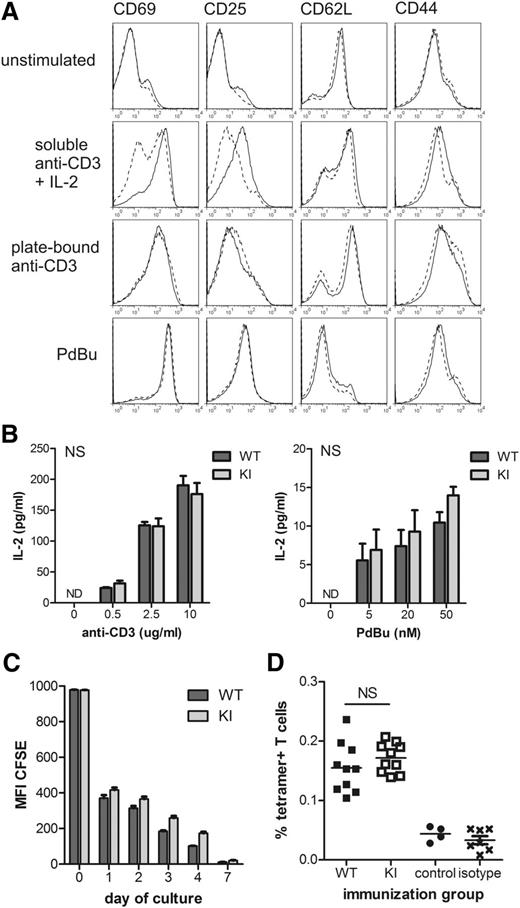 Figure 6. β2TTT/AAA integrin knock-in CD4 T-cell activation in vitro and in vivo is normal. (A) Purified naïve CD4 T cells were activated in vitro using soluble anti-CD3 (2.5 μg/mL) plus IL-2 (20 ng/mL), plate-bound anti-CD3 (2.5 μg/mL at 37°C for 4 hours), or phorbol ester (PdBu, 50 nM). WT (solid line) and KI (dashed line) T-cell activation was measured 24 hours later by expression of the typical activation markers: CD69, CD44, CD25, and CD62L. Histograms are representative of N = 4. (B) IL-2 production by WT and KI T cells after 24-hour stimulation with plate-bound anti-CD3 or PdBu. Data are pooled from N = 4, with mean ± SEM displayed. (C) WT and KI CD4 T cells were labeled with CFSE before activation with soluble anti-CD3 plus IL-2. Proliferation was measured by flow cytometry. Data are pooled from N = 2 and are representative of N = 4. (D) WT and KI mice received an intravenous adoptive transfer of LPS-matured, peptide-loaded WT DCs, and the antigen-specific CD4 T-cell response in the spleen was measured using MHC class II tetramers 7 days later. Data are pooled from 2 independent experiments, with 5 mice per group per experiment. Each data point represents an individual mouse, with mean indicated. The control group received no adoptive transfer. Isotype shows staining of the WT immunization group with an irrelevant peptide-tetramer. Student t test was used to calculate P values. NS, not significant.