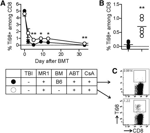 Figure 5. Peripheral deletion of alloreactive CD8 T cells. To monitor a well-defined population of alloreactive CD8 T cells during tolerance induction with ABT-737 and CsA, we adoptively transferred CBA recipients (H-2k) with BM3.3 splenocytes (transgenic TCR specific for H-2Kb on all CD8 T cells) and subsequently treated with our irradiation-free conditioning protocol including ABT-737 (50 mg/kg/day), CsA (10 mg/kg/day) from day −3 to day 12, MR1 (2 mg), and 25 × 106 fully BM cells from B6 donors (H-2b). In a control group, BM cells were not administered (conditioning only). (A) Transgenic donor-reactive BM3.3 CD8 T cells (Ti98+) were reduced in both groups, but only in mice receiving the full protocol was a complete deletion achieved. Statistical comparison of the 2 groups: *P < .05; **P < .01; N = 5. (B-C) After rechallenging with donor antigens (106 B6 splenocytes IV at day 37 after BMT), Ti98+ cells were readily detectable in the conditioning-only group, but had completely disappeared from the peripheral T-cell repertoire after exposure to the full protocol. **P < .01; N = 5 per group.