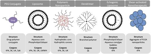 Figure 2. ADDSs for ATA. The schematics present examples of classes of carriers tested for delivery of ATA, their principal structure, and PA cargoes. Synthetic carriers vary in size from few nanometers to several microns, shape, stability, and principle of drug loading and release. Liposomes and PEG represent the 2 most intensively studied ADDS for various ATAs including anticoagulants, platelet antagonists, and listed fibrinolytics.