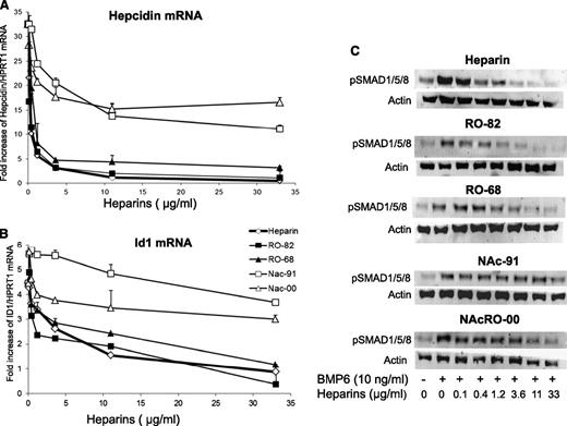 Figure 1. Glycol-split heparins reduce hepcidin and Id1 mRNA in a dose-dependent manner. (A) HepG2 cells were treated for 16 hours with nonanticoagulant heparins RO-82, RO-68, NAc-91, and NAcRO-00 at different concentrations (0.12-0.4-1.2-3.6-11-33 μg/mL) and in the presence of 10 ng/ml BMP6 . Hepcidin (A) and Id1 mRNA levels (B) were quantified with qRT-PCR in a relationship to Hprt1 mRNA. Data are means and SD of 3 different experiments and are expressed as fold increase. Anticoagulant heparin was used as control. (C) Western blotting analysis of phosphorylated SMAD1/5/8 and of Actin (as calibrator of the cell extracts) after the incubation with BMP6 and heparins. The image is representative of 3 independent experiments.