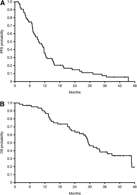 Figure 1. (A) PFS and (B) OS for all patients treated with lenalidomide-bortezomib-dexamethasone (censoring at time of transplant, n = 5). Estimated 6-, 12-, and 24-month PFS rates were 75% (95% CI, 62-84), 36% (95% CI, 24-48), and 15% (95% CI, 7-25), respectively. Estimated 12- and 24-month OS rates were 89% (95% CI, 77-84) and 65% (95% CI, 51-76), respectively.