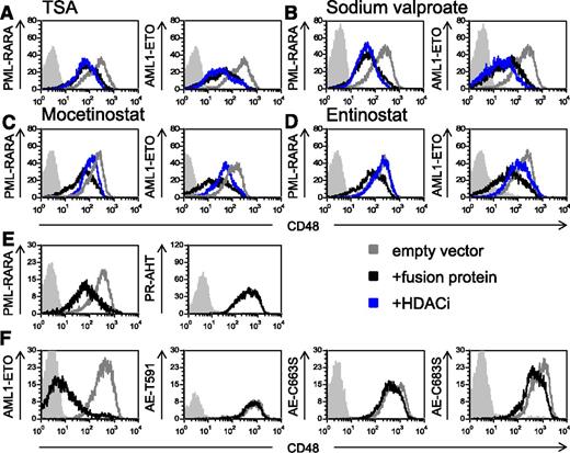 Figure 5. The downregulation of CD48 by the AML fusion oncogenes is HDAC-dependent. (A-D) Flow cytometry analysis of CD48 expression in U937 cells transduced with the AML oncogenic proteins (indicated in the y-axis of the histograms). Cells were treated with either solvent control (black lines) or 4 different HDACi (indicated above the histograms, blue lines): TSA (A), sodium valproate (B), mocetinostat (C), and entinostat (D). The gray line represents the CD48 staining of U937 cells transduced with an empty vector. Gray shaded histogram, background staining with an isotype-matched control antibody. One representative experiment of at least 3 representative experiments performed is shown. (E and F) FACS analysis of CD48 expression without mutations (left histograms) or with mutations (right histograms) in the HDAC binding site (the specific mutation is indicated in the y-axis). Mutations were performed in (E) PML-RARA– and in (F) AML1-ETO–expressing cells. The expression of CD48 is compared between the GFP+ cells (black histograms) and the nontransduced cells (gray histograms) because not all cells were trandscuded (see supplemental Figure 4). Gray shaded histogram, background staining with an isotype-matched control antibody. One of 3 representative experiments is shown.
