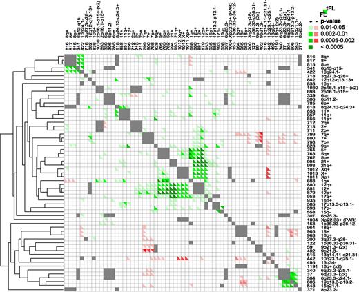 Figure 3. Associated CNAs. A Monte Carlo simulation was performed to determine whether pairs of CNAs were positively or negatively associated. rCNA pairs on the same chromosome were not analyzed and are marked in gray. Significantly associated pairs of CNAs (P ≤ .05) are denoted in shades of green (positive association) or red (negative association). The lower left of a box represents FL cases and the upper right represents tFL cases. The results are ordered according to a hierarchical cluster tree generated using Cluster 3.0.