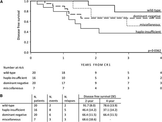 Figure 3. DFS by IKZF1 deletion variant in EsPhALL good-risk patients. DFS curves of EsPhALL good-risk patients by IKZF1 wild-type and deletion variants (A), with 2- and 4-year estimates (SE) (B). CR1, first complete remission; dominant negative, samples with exons 4-7 deletions involving at least 1 allele; haploinsufficient, samples with total deletions plus exons 2-7 deletions, plus samples with exon 2 involving 1 allele; miscellaneous, samples not classified in previous groups.