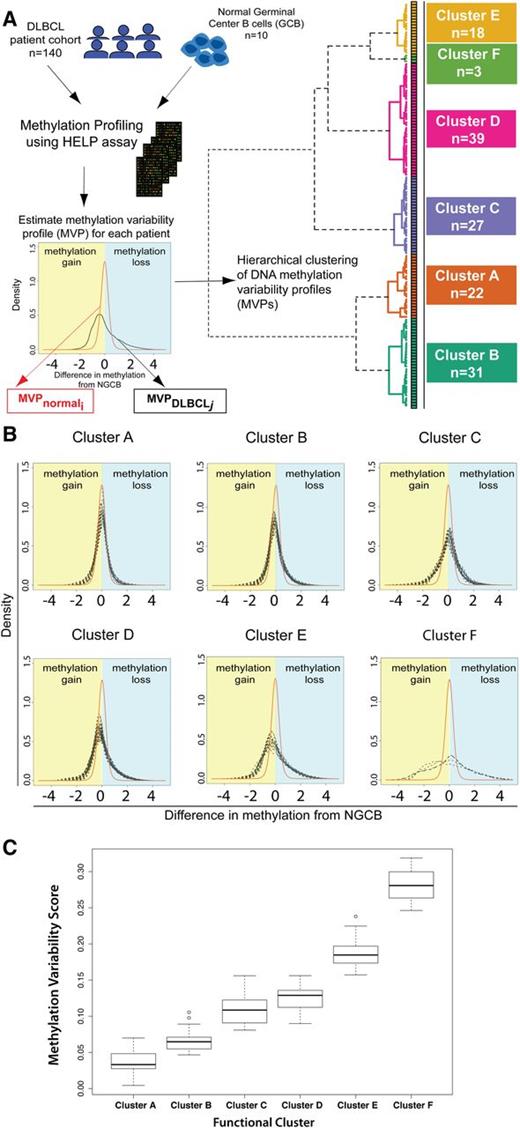 Figure 1. Methylation variability defines 6 distinct clusters of DLBCL. (A) Outline of the study design and outcome of functional clustering. Samples were profiled for genomewide DNA methylation using the HELP array. For each sample, the MVP was determined. The MVPs were clustered using unsupervised functional hierarchical clustering to produce 6 distinct clusters in this cohort. (B) Cluster MVPs show increasing DNA methylation variability from the average NGCB methylation profile. Heavy right tails in the distribution indicate a tendency toward hypomethylation, whereas heavy left tails indicate hypermethylation in DLBCLs. (C) Boxplot representation of MVS by cluster shows increasing MVS from cluster A to cluster F.