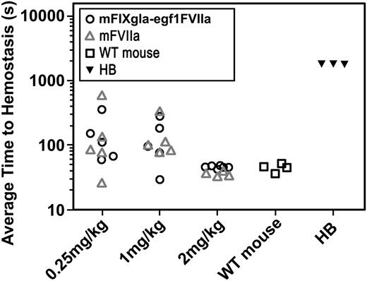 Figure 2. Effect of FIXgla-egf1FVIIa chimera on saphenous vein bleeding in the hemophilia B mouse. Wild-type (control group) or hemophilia B (experimental group) mice were subjected to saphenous vein incision. After initial clot formation, the clot was disrupted repeatedly for 30 minutes and the time for each clot to form was measured; the average time to clot formation was calculated for each mouse. Ten minutes before incision, mFVIIa or mFIXgla-egf1FVIIa was injected into Hemophilia B mice. The hemophilic mice bled continuously during the entire 1800-second duration of the experiment; WT mice have an ATTH of 44 seconds. Each point represents the average of multiple bleeding times in each mouse during the 30-minute observation time. For 2 mg/kg, median ATTH was 37 seconds (n = 4) for mFVIIa-treated hemophilia B mice and 47 seconds for mFIXgla-egf1FVIIa-treated mice (n = 6). The difference in ATTH was not statistically significant (P = .24); both are significantly shorter than untreated hemophilia B mice (P < .05). For 1 mg/kg, mFVIIa-treated hemophilia B mice (n = 5) clotted in an average of 108 seconds; the ATTH was 97 seconds for mFIXgla-egf1FVIIa-treated hemophilia B mice (n = 6) (P = .75). At a dose of 0.25 mg/kg, the median ATTH for mFVIIa-treated mice (n = 5) was 86 seconds, whereas for mFIXgla-egf1FVIIa–treated mice (n = 5) it was 111 seconds (P = .83). All P values were calculated using the nonparametric Mann-Whitney U test. HB, hemophilia B.