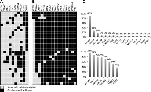 Figure 2. Summary of study results. (A) Copy number results per patient for the independent 30-patient validation cohort as determined by quantitative polymerase chain reaction (qPCR). Somatic MYD88 L265P and WHIM-like CXCR4 mutations were assessed in this population and annotated here for reference. The eight CNA targets selected for validation were chosen based on the 10-paired patient WGS analysis and technical validation studies. (B) Validated mutations in the 30-patient WGS cohort. Somatic status of all findings was confirmed by germline Sanger sequencing. (C) Overall frequency of validated somatic mutation (top) or CNA (bottom) for the independent 30-patient WGS and validation cohorts, respectively.