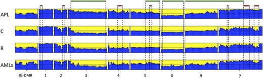 Figure 1. Bar plots of the average methylation level for each CpG site per sample group. The average DNA methylation level determined for the APL, remission (R), control (C), and AML sample groups is represented by blue columns. A black horizontal line indicates the 50% level of methylation. Amplicon names are indicated underneath the bar plots. Sample groups are labeled on the left of each panel. CpG islands and CTCF binding sites are indicated with green and red bars, respectively.