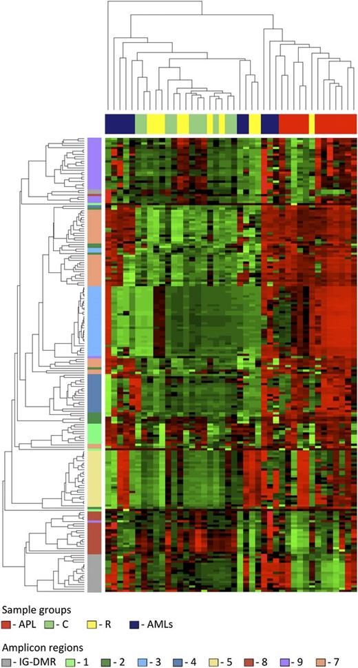 Figure 2. Unsupervised hierarchical cluster analysis. The heat map represents the unsupervised hierarchical cluster analysis of the 4 sample groups based on the DNA methylation at the 202 CpG sites. Each row represents a CpG site, and each column a sample. The percentage of CpG methylation is depicted using color scales of red (CpG methylation >50%) and green (CpG methylation <50%). Sample group labels are also indicated at the top of the heat map.
