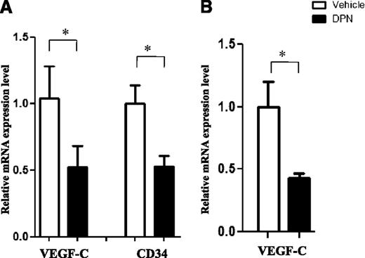 Figure 4. Reduced expression of vasculogenic markers is an effect of DPN treatment. (A) The expression of VEGF-C and CD34 mRNA was analyzed in control and DPN-treated Granta-519 MCL tumors grown to the same size before analysis, and inhibition of VEGF-C and CD34 by DPN was observed. (B) Treatment with DPN for 24 hours inhibited the expression of VEGF-C. Each group consisted of 5 mice. For vehicle vs DPN, *P < .05. Data are representative of 2 independent experiments.