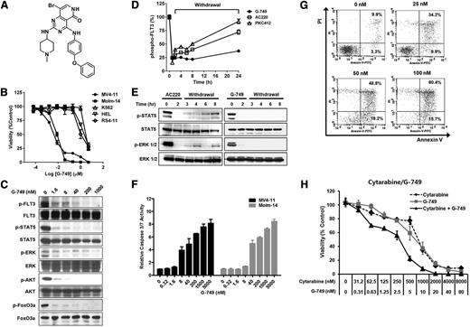 Figure 1. A novel small-molecule FLT3 inhibitor. (A) Chemical structure of G-749. (B) Five human leukemia cell lines were incubated with increasing concentrations of G-749 for 72 hours. Cell viability was determined using ATPLite assay. G-749 inhibited the proliferation of MV4-11 and Molm-14 with 50% inhibition concentration (IC50) values of 3.5 and 7.5 nM, respectively. The IC50 values were calculated using nonlinear regression. (C) Molm-14 cells were incubated with the indicated concentrations of G-749 for 2 hours. The phosphorylation levels of FLT3 (Tyr 591), STAT5 (Tyr 694), ERK1/2 (Tyr 204), AKT (Ser 473), and FoxO3a (Thr 32) were detected by western blot. Each total protein was used as a loading control. (D) MV4-11 cells were incubated with 100 nM inhibitors for 2 hours in 10% serum and then washed with fresh medium. The autophosphorylation levels of FLT3 were determined for 24 hours by p-FLT3 ELISA. (E) After washout as in panel D, the phosphorylation levels of STAT5 and ERK1/2 were monitored for 8 hours with treatment of G-749 or AC220. (F) After 18 hours, caspase-3/7 activities were measured in MV4-11 and Molm-14 cells treated with the indicated concentration of G-749. (G) MV4-11 cells were treated with the indicated concentrations of G-749 for 36 hours. Cells were stained with propidium iodide/annexin V and then analyzed by flow cytometry. The percentages of early and late apoptotic cells were indicated in the right lower and right upper quadrants, respectively. (H) MV4-11 cells were treated with cytarabine, G-749, or a combination of cytarabine and G-749 (ratio 100:1), and cell viability was measured. Error bars show standard deviation (SD).