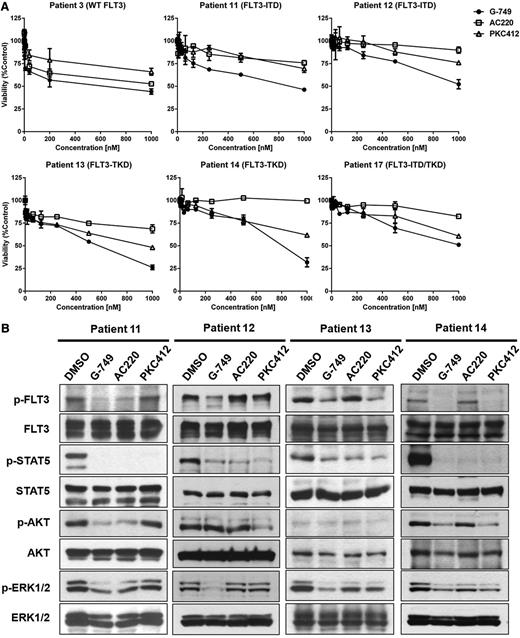 Figure 6. Potent inhibition of G-749 against patient blasts harboring FLT3-ITD or FLT3-D835Y. (A) AML patient blasts expressing FLT3-WT (patient 3), FLT3-ITD (patients 11 and 12), FLT3-D835Y (patients 13 and 14), or FLT3-ITD/D835Y (patient 16) were incubated for 72 hours with the indicated concentrations of G-749, AC220, or PKC412, and their viability was then determined. For each FLT3 inhibitor, the percentage over DMSO control was presented as a mean value, with error bars representing ±SD. (B) Inhibition of the FLT3 signal pathway. The blasts harboring FLT3-ITD (patients 11 and 12) or FLT3-D835Y (patients 13 and 14) were incubated with 100 nM of FLT3 inhibitors for 2 hours (in the case of patient 12, with 250 nM), and then the phosphorylation levels of FLT3, STAT5, AKT, and ERK1/2 were analyzed. Each total protein was used as a loading control.