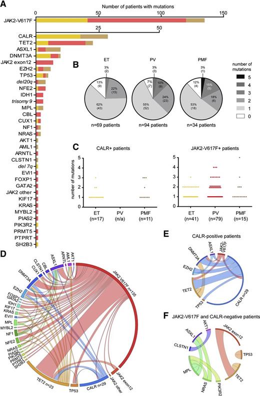 Figure 2. Frequency and distribution of mutations in patients with MPN. (A) Number of patients with mutations in the genes is indicated. ET patients are depicted in yellow, PV patients in red, and PMF patients in light brown. Numeric chromosomal aberrations are marked in italic font. (B) Distribution of somatic mutations among the 197 MPN patients according to phenotype. The shades of gray indicate the number of somatic mutations per patient. (C) Average number of somatic mutations per patient in CALR-positive (left panel) and JAK2-V617F–positive individuals (left panel) observed in ET, PV, and PMF patients, respectively. (D) Circos plot illustrating cooccurrence of somatic mutations in the same individual. The length of the arc corresponds to the frequency of the mutation, whereas the width of the ribbon corresponds to the relative frequency of co-occurrence of 2 mutations in the same patient. (E) Circos plot showing cooccurrence of somatic mutations in CALR-positive patients. (F) Circos plot showing co-occurrence of somatic mutations in patients negative for JAK2 V617F and mutations in CALR.