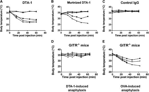 Figure 1. DTA-1 causes anaphylaxis in a GITR-dependent manner. C57BL/6J mice were treated with 1 mg of (A) DTA-1, (B) mDTA-1, or (C) isotype control (rat IgG2b, clone LTF-2) on days 0, 4, and 11. GITR−/− mice were treated with 1 mg (D) DTA-1 or (E) OVA. Rectal temperatures of individual mice were monitored for 1 hour after each dose, represented by individual lines in the graphs. Data are representative of 3 independent experiments (n = 5 mice per group).