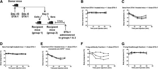 Figure 4. Serum antibodies from DTA-1–treated animals transfer anaphylactic activity to naive mice. (A-E) C57BL/6J mice were treated with 1 mg DTA-1 or isotype control (rat IgG2b, clone LTF-2) on days −10 and −6. On day 0, mice were euthanized, and sera, spleens, and lymph nodes were removed. Either (B) 50 × 106 cells from pooled spleens and lymph nodes or (C-E) 200 µL pooled sera were transferred by intravenous tail vein injection into naive (C,D) C57BL/6J or (E) GITR−/− mice. Three hours later, a single dose of DTA-1 was administered by intraperitoneal injection, and rectal temperatures were monitored for 1 hour, represented by individual lines in the graphs. Data are representative of 3 independent experiments (n = 5 mice per group). (F-G) Donor mice were treated as in (A). After sera were harvested, antibodies were fractionated from the pooled sera by using a protein A/G column. Either (F) 1 mg of the antibody fraction or (G) 11 mg of the antibody-depleted fraction (termed “flowthrough” fraction) was transferred by intravenous tail vein injection into naive mice. Three hours later, 1 mg DTA-1 was administered by intraperitoneal injection, and rectal temperatures of individual mice were monitored, represented by individual lines in the graphs. Data are representative of 2 independent experiments (n = 3 to 5 mice per group).