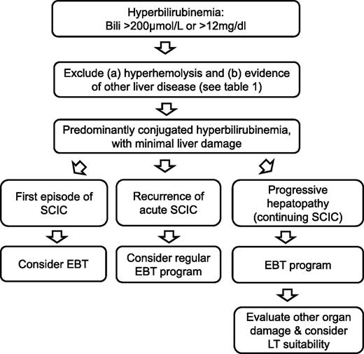 Figure 2. Management pathway for sickle hepatopathy. Note:1) Exercise caution in bilirubin interpretation in those with Gilbert's syndrome or G6PD deficiency; 2) At any stage, if patient is in fulminant failure for whatever cause, consideration of LT is dependent on patient and vital organ function; 3) For patients with non-SCD causes (eg, autoimmune hepatitis) and refractory to treatment, consider a regular EBT program; 4) Monitoring and management of iron overload essential as hepatic siderosis may exacerbate other causes of hepatic dysfunction; 5) Liver biopsy not indicated unless a genuine diagnostic dilemma; 6) Ursodeoxycholic acid may be considered to improve biliary sludging in cholestasis.