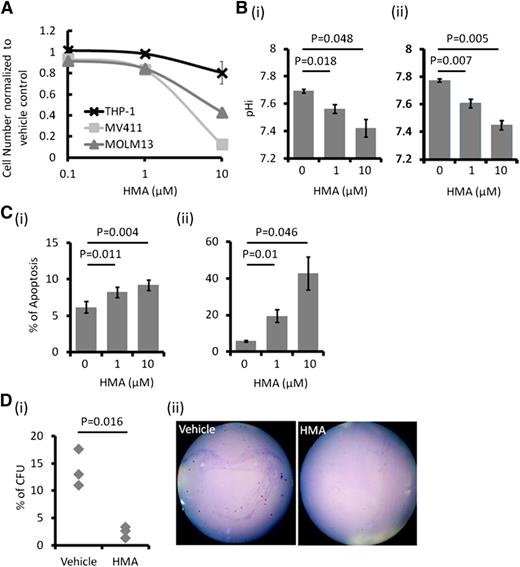 Figure 2. In vitro effect of HMA on AML cell lines. (A) MOLM-13 and MV4-11 were most sensitive to HMA compared with THP-1. (B) HMA reduced pHi in (i) MOLM-13 and (ii) MV4-11 in a dose-dependent manner. (C) HMA also induced apoptosis in (i) MOLM-13 and (ii) MV4-11 cells. (D) In MV4-11 cells, the number of colony-forming cells was significantly reduced by HMA treatment compared with vehicle control. (ii) Representative photo showing the reduced number of colony in HMA-treated MV4-11 cells.