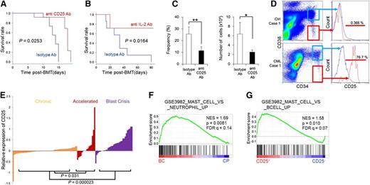 Figure 6. The IL-2/CD25 axis is a potential target for therapy directed against CML LICs. (A) Survival of CML model mice injected intraperitoneally with an anti-CD25 mAb (n = 12) or isotype IgG (n = 12) every other day from day 1 to day 15 after transplantation. (B) Survival of CML model mice treated with anti–IL-2 mAb (n = 7) or isotype IgG (n = 7) every other day from day 1 to day 15 after transplantation. (C) Frequency and number of CD25+F−LSK cells in panel A (11 days after transplantation) (means ± SD, n = 7). (D) Representative profiles for CD25 expression in the CD34+CD38− (red histogram) and CD34+CD38+ (blue histogram) fractions of freshly isolated bone marrow from untreated CML CP patients (n = 2) or lymphoma patients without bone marrow involvement (n = 3). (E) CD25 expression in bone marrow or peripheral blood of patients at various stages of CML, based on microarray data derived from the public database. (F-G) GSEA was applied to human leukemia samples. Genes upregulated in mast cells compared with neutrophils were significantly enriched in CML BC (n = 33) relative to CML CP (n = 57) (F), and genes upregulated in mast cells compared with B cells were significantly enriched in CD25+ B-ALL (n = 43) relative to CD25-low or -negative B-ALL (n = 151) (G) *P < .05; **P < .01. IgG, immunoglobulin G.