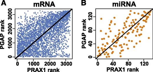 Figure 2. Validation of RNA abundance. Correspondence in RNA levels between current PRAX1 study and prior microarray analyses of RNA.26,27 (A) and (B) show rank correlations for mRNAs (Spearman coefficient = 0.55, P = 4.3 × 10−260) and miRNAs (Spearman coefficient = 0.72, P = 1.8 × 10−23), respectively. The black line represents the Deming regression line.