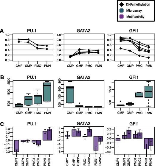 Figure 6. DNA methylation of hematopoietic transcription factors is reciprocal to changes in expression and motif activity. DNA methylation changes, transcription, and motif activity of PU.1, GATA2, and GFI1. (A) Graphs showing the β-values of DMSs annotated to respective genes. Each dot represents 1 DMS. (B) Box plots displaying the signals from expression microarray analysis for all 5 replicates (arbitrary units). (C) Bar chart demonstrating the relative motif activity for all CAGE samples (arbitrary units), ie, transcriptional activity of genes with promoters containing potential binding sites for PU.1, GATA2, or GFI1. Error bars indicate standard deviation. The GATA2 binding motif is shared with GATA1 and GATA3.