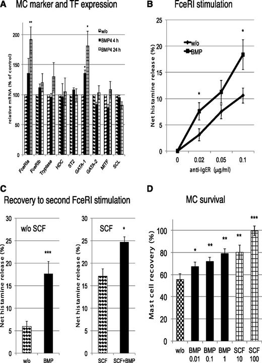 Figure 1. BMPR1 regulates MC effector functions and increases MC survival. (A) MCs were stimulated with BMP4 at 20 ng/mL for the times indicated and the expression of selected MC marker genes quantified by reverse-transcription quantitative polymerase chain reaction and normalized to β-actin. Data are shown in relation to cells kept in the absence of bone morphogenetic protein (BMP) for the same times. (B) Cultured MCs (last addition of SCF 5-7 days earlier) were washed and replated in fresh media with or without BMP4 (20 ng/mL) for 24 hours, after which time histamine release was elicited by FcεRI crosslinking with different concentrations of AER-37. IgER, immunoglobulin E receptor. (C) Cultured MCs were stimulated by AER-37 (0.1 μg/mL) for 2 hours, washed, and replated in fresh media with or without BMP4 (20 ng/mL) ± stem cell factor (SCF) (100 ng/mL) for 48 hours. After this time, cells were subjected to a second round of stimulation by AER-37. MCs are largely refractory to a second stimulation for prolonged times, but BMP accelerates this recovery. Although SCF alone also accelerates recovery, the effects from BMP and SCF are additive. (D) MCs after isolation were cultured in the presence or absence of the indicated factors for 10 days, and recovery of viable cells was assessed. The numbers indicate growth factor concentrations in ng/mL. All data in this figure are the mean ± standard error of the mean from 5-7 independent assays. *P < .05; **P < .01; ***P < .001.