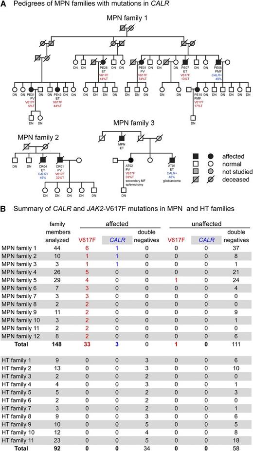 Figure 1. Somatic CALR mutations in familial myeloproliferative diseases. (A) The 3 pedigrees with somatic CALR mutations are shown in detail. Screening for CALR mutations was performed by using the sizing polymerase chain reaction (PCR) assay described by Klampfl et al.3 The JAK2-V617F mutation was screened by allele-specific PCR.6 Percentages in blue represent the CALR mutant allele burden. %T (red), percentage of G>T JAK2-V617F mutant allele burden; CALR+, presence of a 52-base deletion in exon 9 of the CALR gene; DN, double-negative (ie, absence of detectable mutations in CALR exon 9 and JAK2-V617F); V617F, presence of the JAK2-V617F mutation. (B) Summary of families analyzed. Affected and unaffected family members from families with familial predisposition to MPN (upper part) or HT (lower part) were screened for the presence or absence of mutations in CALR.