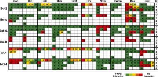 Figure 2. Schematic representation of interactions between Bcl-2 family members as reported in current literature. The literature on interactions between all human and mouse Bcl-2 family members (supplemental Table 1) was reviewed as outlined in supplemental “Materials and methods.” Reported interactions were categorized according to the methodology (M) used to assess the interaction, as indicated by the numbers in the right-hand column. Categories were (1) affinity measurements in vitro, using BH3-domain peptides and isolated, C-terminally truncated prosurvival Bcl-2 proteins; (2) immunoprecipitations from cells expressing exogenous Bcl-2 family proteins; (3) immunoprecipitations from cells expressing endogenous Bcl-2 family proteins; and (4) nuclear magnetic resonance and crystal structures with recombinant proteins or biophysical measurements of interaction between full-length proteins. Boxes are color-coded for the Bcl-2 family protein pairs in each category according to the reported strength of their interaction. The number in each box refers to the pertinent publication, as cited in supplemental Table 1.
