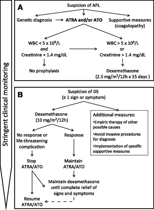 Figure 1. Current algorithm for the management of DS in the PETHEMA trials. (A) Prophylaxis. (B) Treatment.