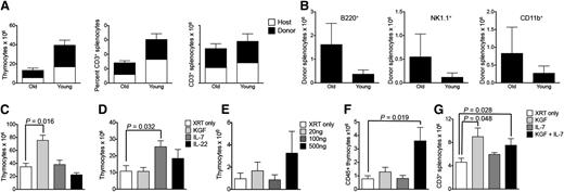 Figure 5. ITI of cells or drugs can rejuvenate and enhance thymopoiesis of aged recipients. (A) Eleven-month-old (old) or 5-week-old (young) C57BL/6 recipients received 6000 C57BL/6.CD45.1+ LSK cells via ITI 2 hours after sublethal TBI. Thymuses and spleens were harvested on day 60 after radiation and analyzed for donor and host origin and CD3+ populations. Mean and SEM of combined data from 2 independent experiments are presented (n = 5). (B) Old and young C57BL/6 recipients received ITIs with syngeneic LSK cells as described in panel A. Splenocytes were analyzed for B cells, natural killer (NK) cells, and myeloid cells of donor origin on day 60 after radiation. Mean and SEM of combined data from 2 independent experiments are presented (n = 5). (C) Twelve-month-old C57BL/6 mice received 2.5 μg KGF or 500 ng IL-7 or 500 ng IL-22 via ITI. Age-matched control mice received no injection. No irradiation was given to any of the recipients. Thymuses were harvested on day 30 after injection and analyzed for total thymocyte numbers. Mean and SEM of 1 of 3 independent experiments are presented (n = 4). (D) Six-week-old C57BL/6 mice received 2.5 μg KGF or 500 ng IL-7 or 500 ng IL-22 via ITI 24 hours prior to sublethal TBI. Age-matched control mice received no injection. Thymuses were harvested on day 30 after irradiation and analyzed for total thymocyte numbers. Mean and SEM of 1 of 2 independent experiments are presented (n = 5). (E) Nine-month-old BALB/c mice were intrathymically injected with either PBS or 3 different doses of IL-7 cytokine: 20 ng, 100 ng, or 500 ng. Sublethal irradiation was performed on day 1 postinjection. Thymuses were harvested on day 30. Mean and SEM are presented (n = 4-5). (F) Nine-month-old BALB/c mice received a sublethal dose of TBI and a single ITI with either 2.0 μg of KGF on day −28 or 500 ng of IL-7 on day −1 or both. Age-matched control mice received no injection. Thymuses were harvested on day 30 after irradiation and analyzed for total CD45+ thymocyte numbers. Mean and SEM of 1 of 2 independent experiments are presented (n = 4-6). (G) Nine-month-old BALB/c mice were treated as described in panel F. Splenocytes were harvested on day 30 after irradiation and analyzed for total CD3+ T cells. Mean and SEM of 1 of 2 independent experiments are presented (n = 4-6). XRT, radiation therapy.