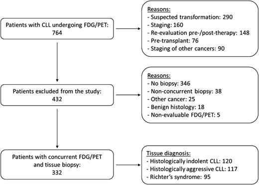 Figure 1. Study population selection process. The figure illustrates the 2-step process leading to the identification of patients with CLL and concurrent FDG/PET and tissue specimens.