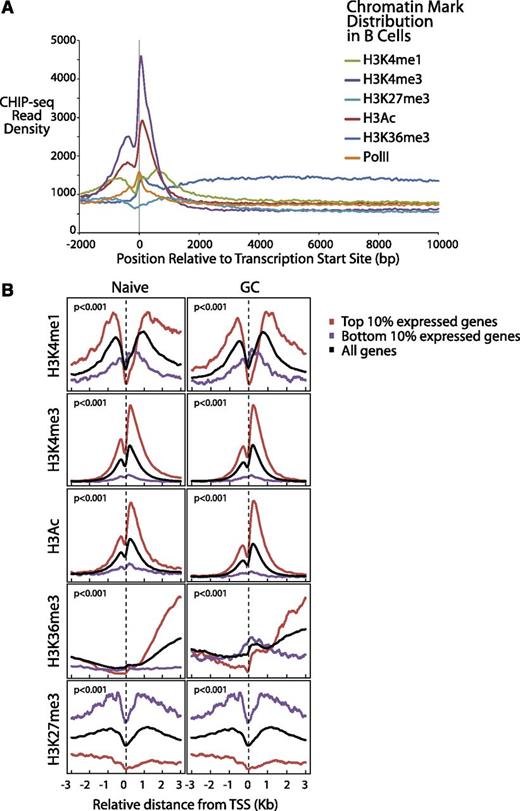 Figure 3. Differential gene expression of normal B cells correlates with B-cell chromatin profiles and gene expression of corresponding lymphomas. (A) Epigenetic profiles of H3K4me1, H3K4me3, H3K27 me3, H3Ac, H3K36me3, and PolII are shown in 50-bp read resolution from 2 kb upstream to 10 kb downstream of all annotated TSSs. (B) Epigenetic profiles of H3K4me1, H3K4me3, H3Ac, H3K36me3, and H3K27me3 around the TSSs are shown for the top 10% most expressed, bottom 10% expressed, and all genes for naïve and GC B cells.